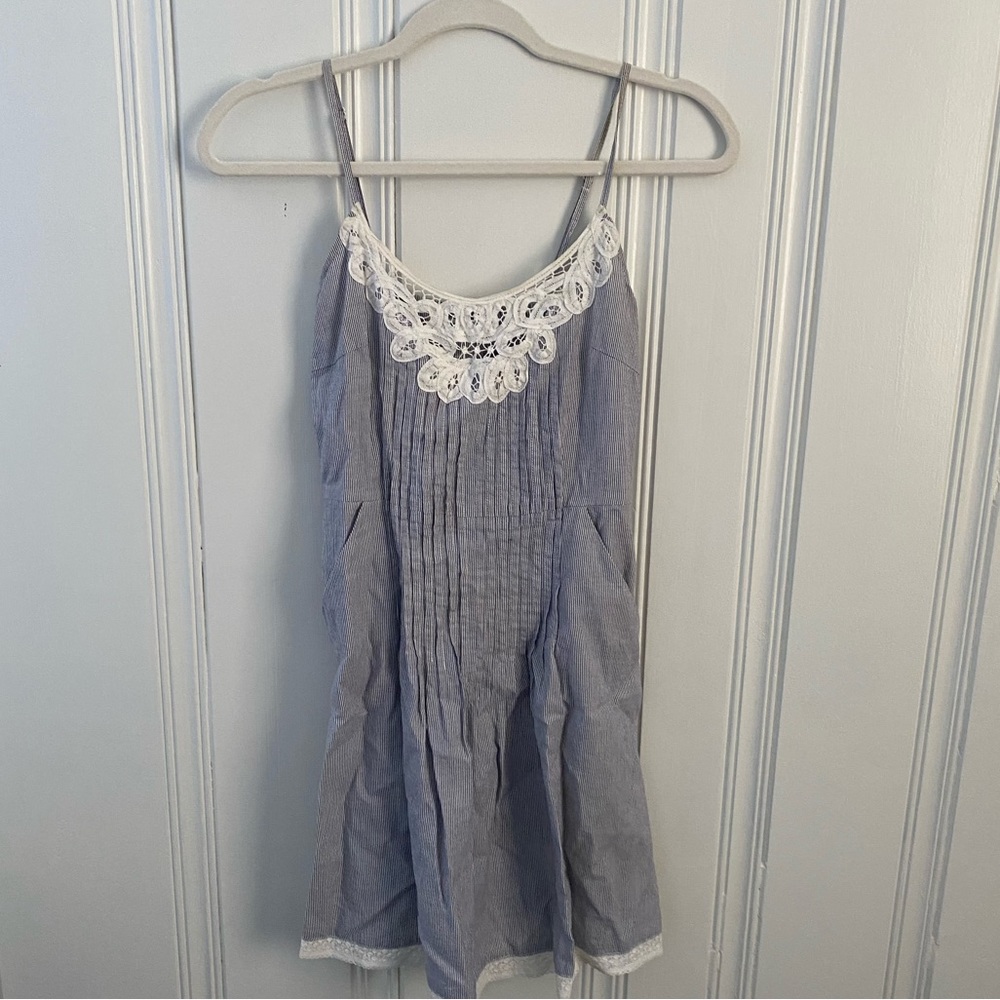 Kimchi Blue Fit & Flare Dress Blue White Striped Lace Detail Sleeveless Size S